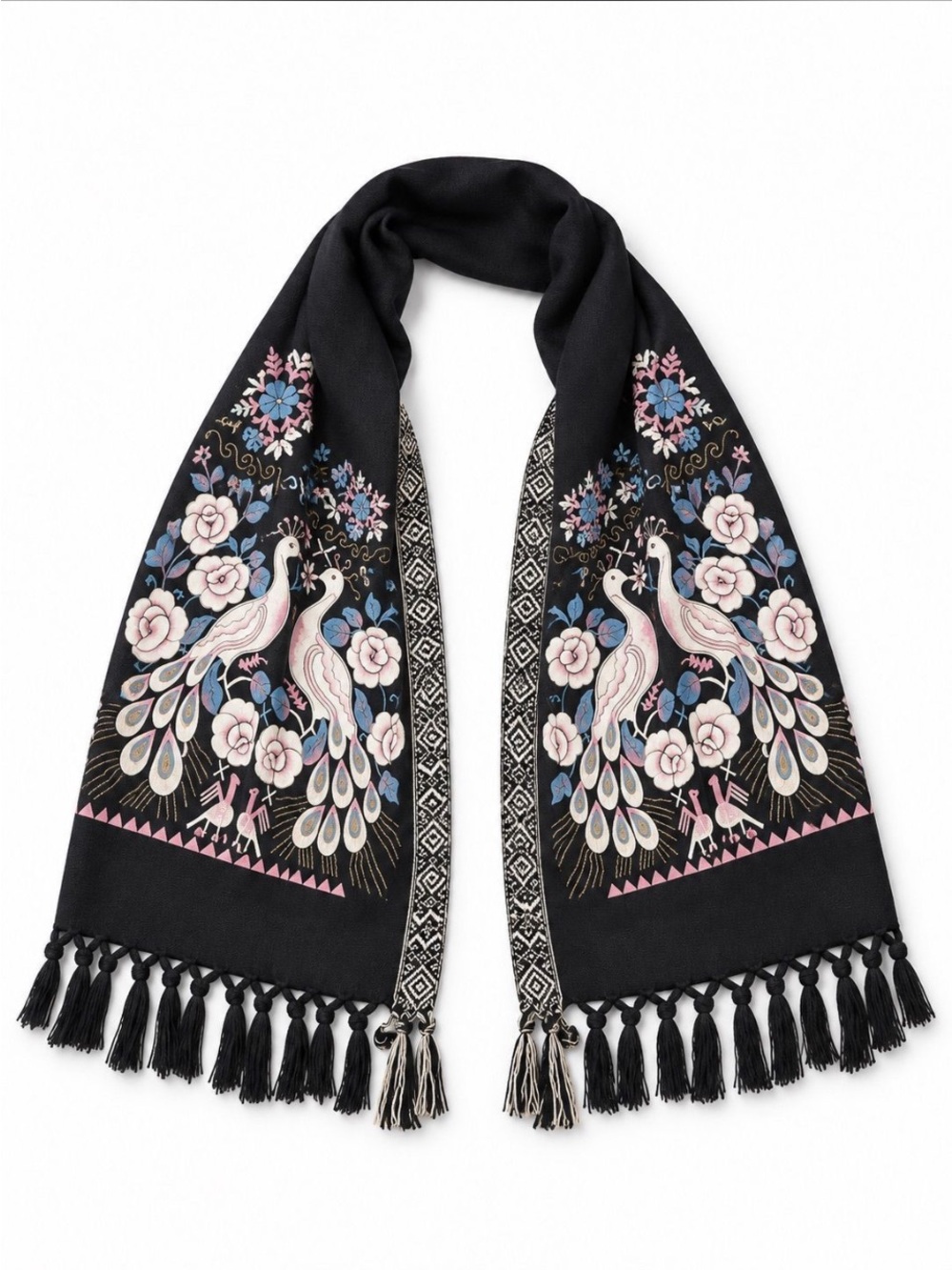 Source Unknown Black Scarf with Pink and Blue Peacock Embroidery